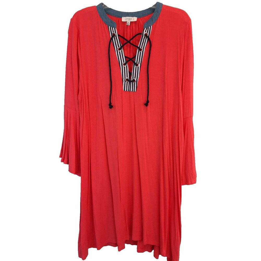 Umgee 1XL Dress Coral nautical lace up v neck bell sleeves swing dress stripes